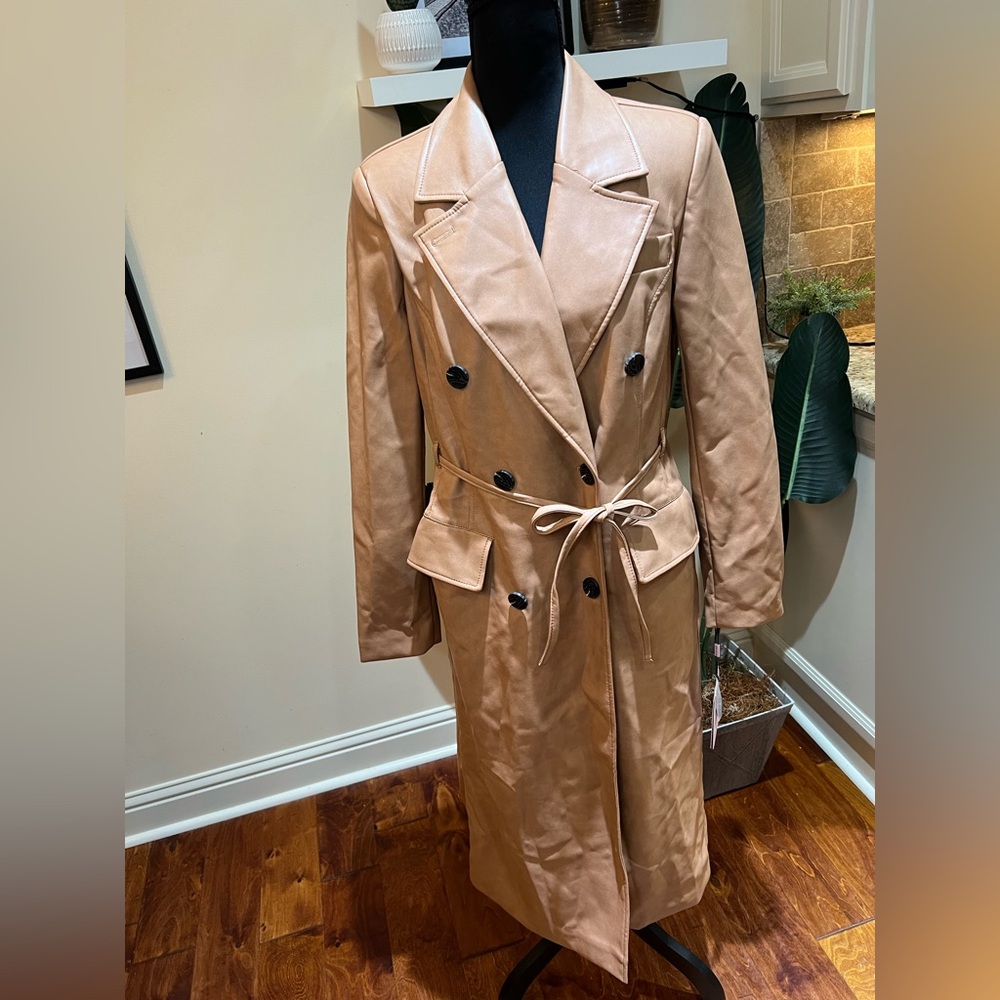 Avec Les Filles Tan Double Breasted Faux Leather Trench Coat